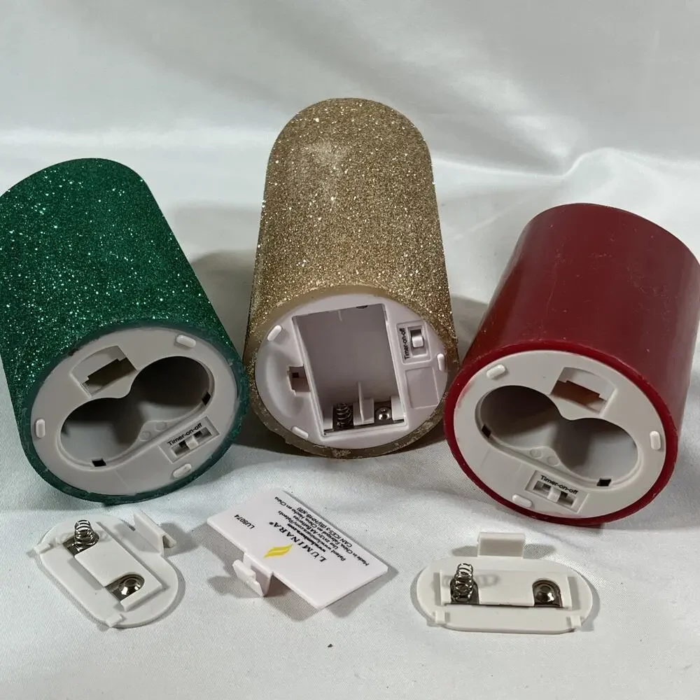Lot of 3 Luminara Candles Christmas Gold Green Glitter Red Remote 4-10hr Timer